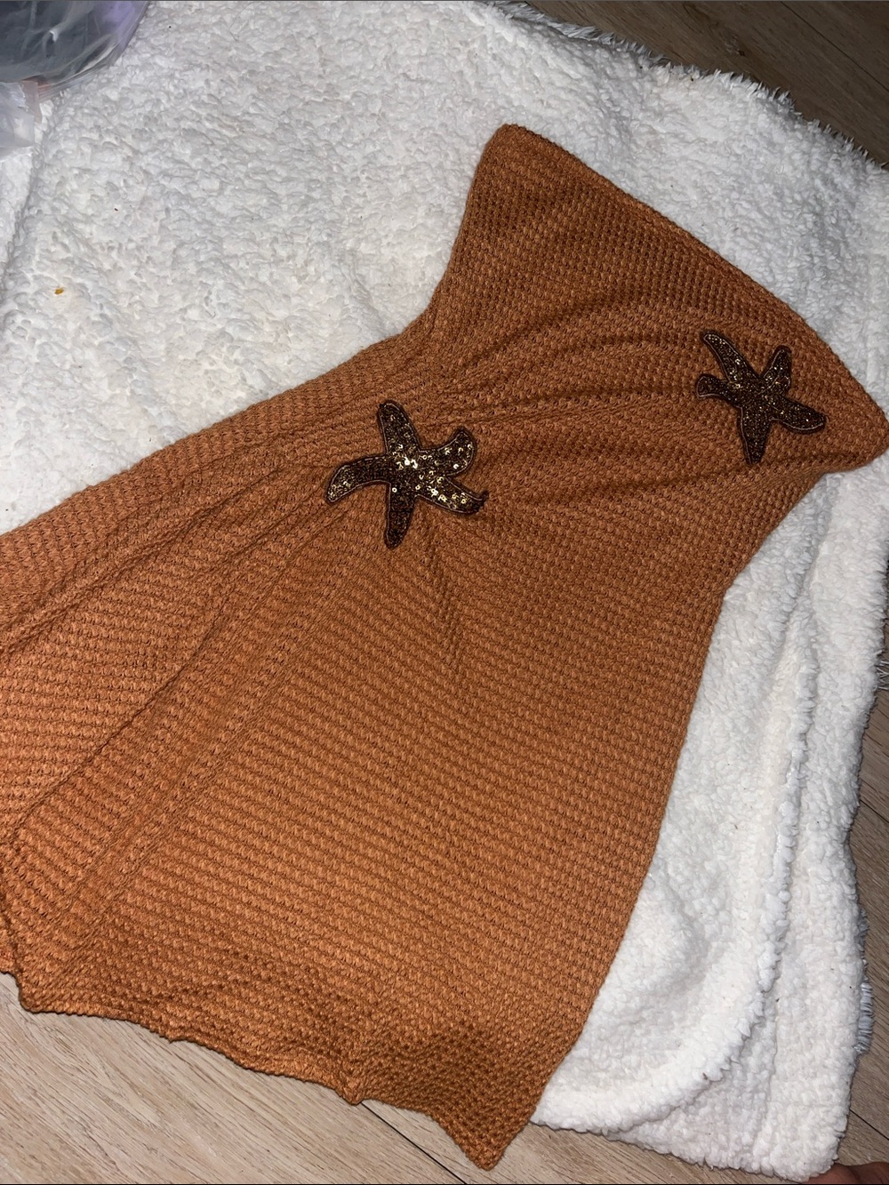 Rust Orange Knit Strapless Dress with Embellished Starfish